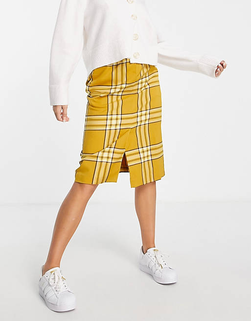 Co-ords Monki recycled polyester co-ord check midi skirt in yellow 