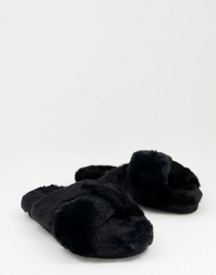 Monki faux fur mule slippers in black