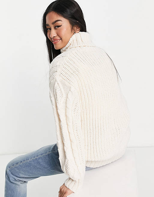 Women Monki recycled polyester high neck cable knit jumper in off white 