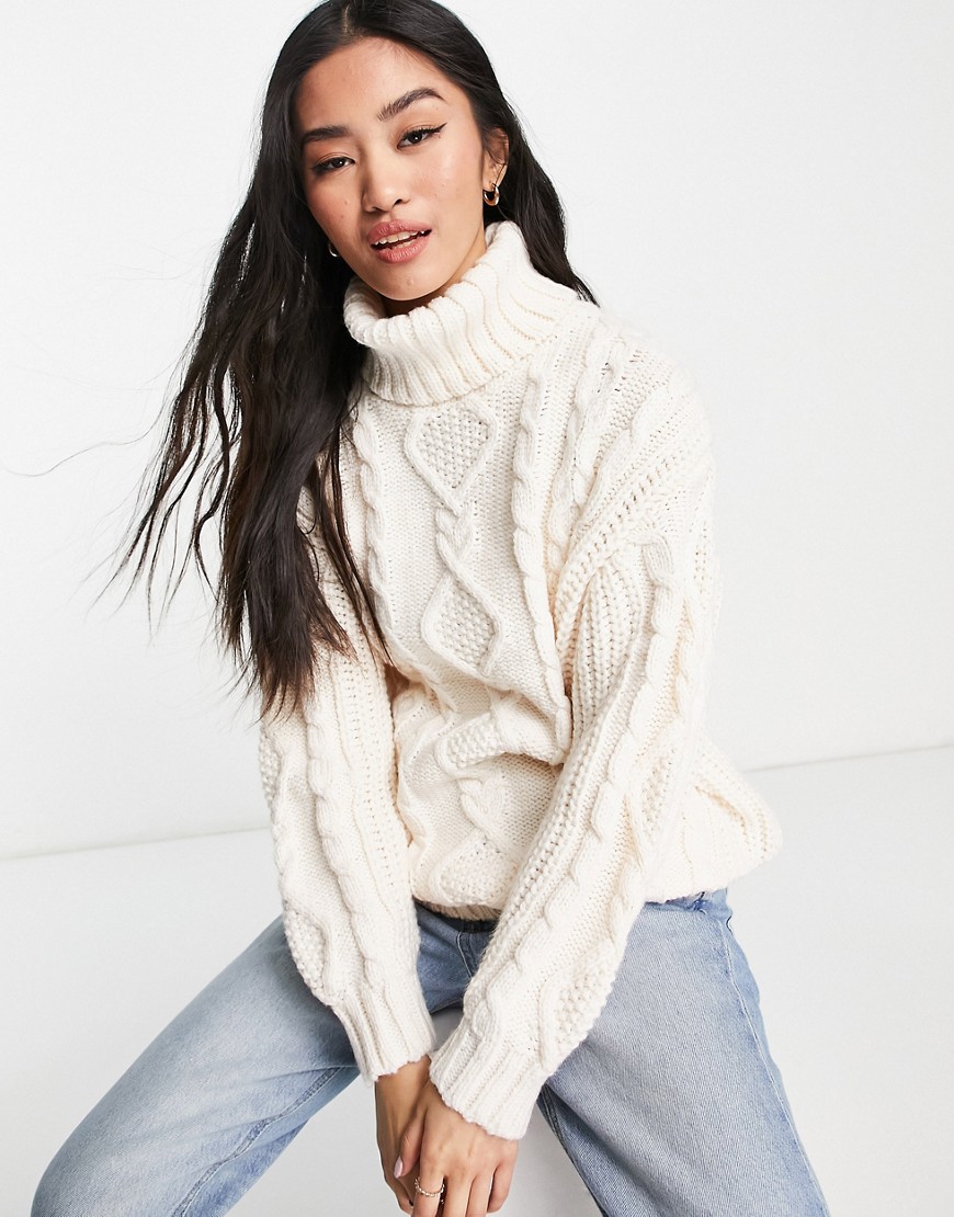 Monki recycled polyester high neck cable knit sweater in off white