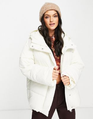 Monki polyester hooded padded jacket in off white - WHITE