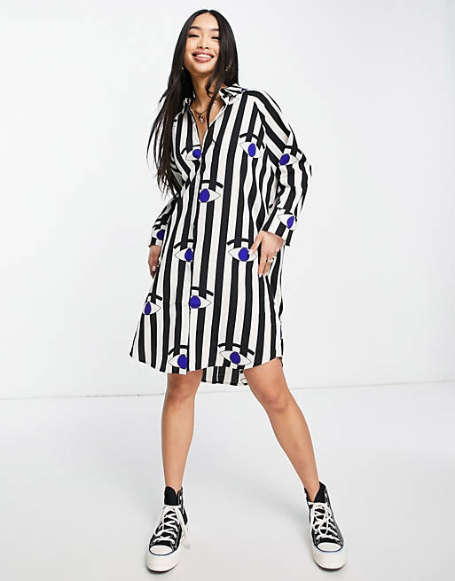 Women Monki recycled polyester mini shirt dress in stripe eye print 