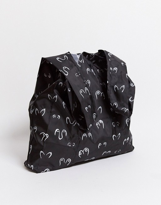 Monki recycled polyester nylon boob print tote bag in black