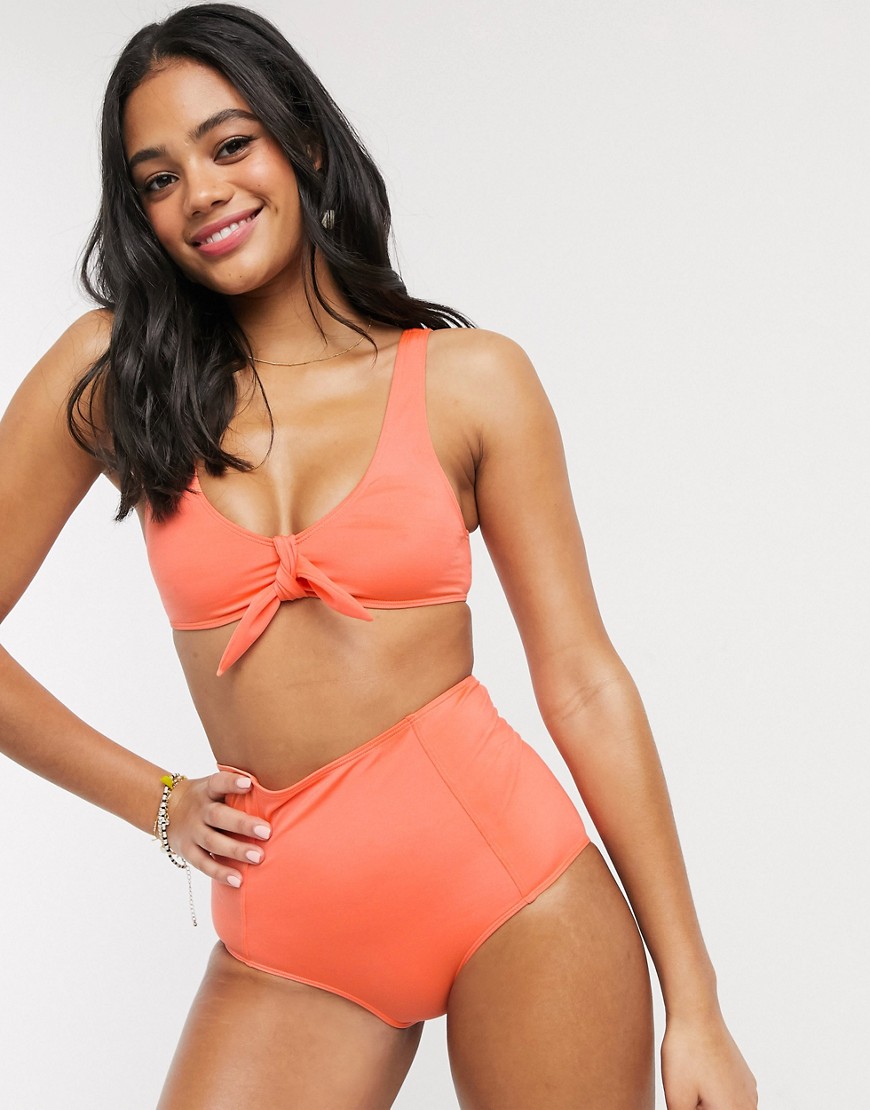 Monki recycled polyester plunge neck bow front bikini top in coral-White