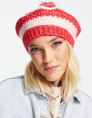 Monki pom beret hat in pink and red stripe