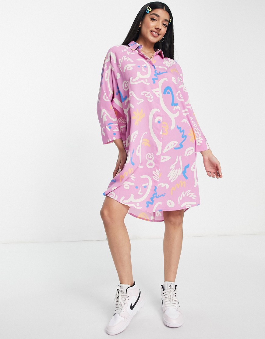 Monki recycled polyester shirt dress in sketch print-Purple