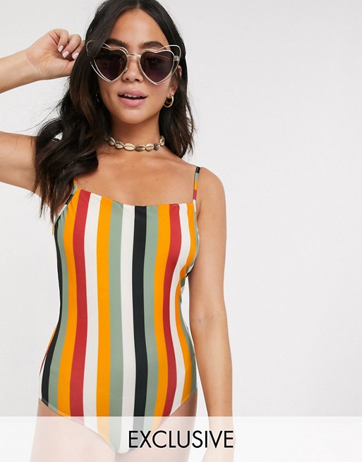 Monki recycled polyester tie strap cross back swimsuit in multi-coloured stripe