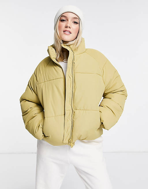  Monki recycled short padded jacket in light yellow 