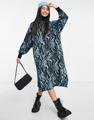 Monki swirl jacquard turtleneck knitted midi dress in blue - MBLUE
