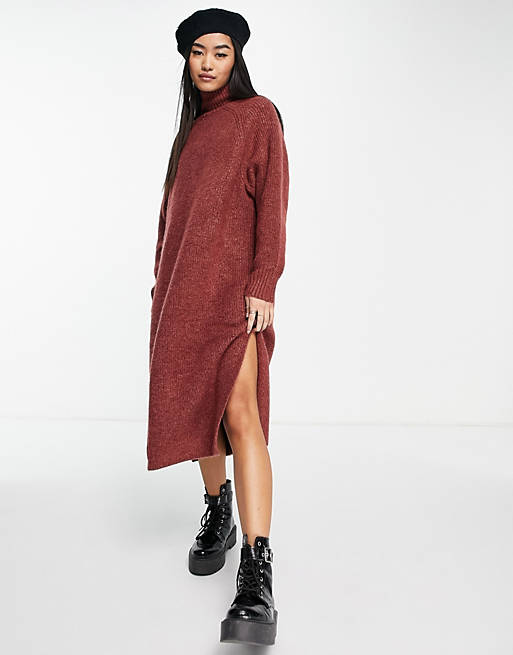 Women Monki recycled turtle neck knitted midi dress in red 
