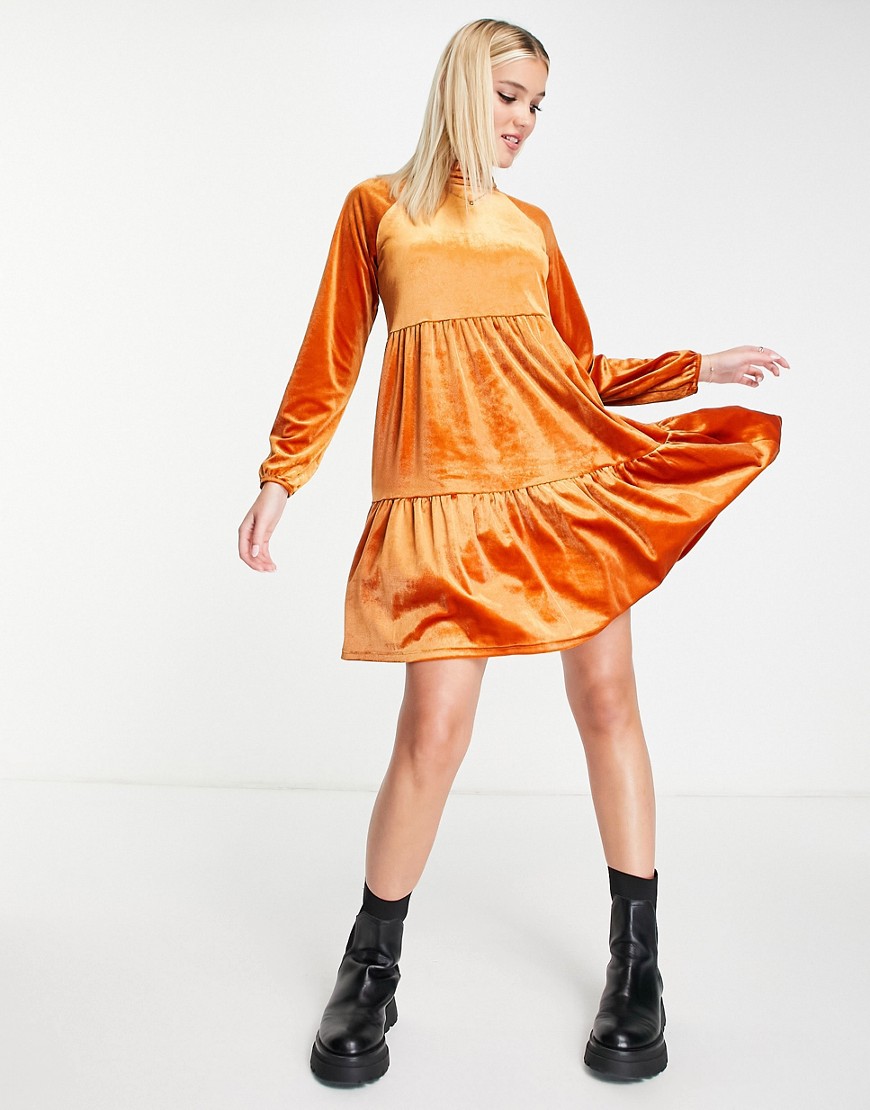 Monki recycled velvet mini dress in rust-Orange