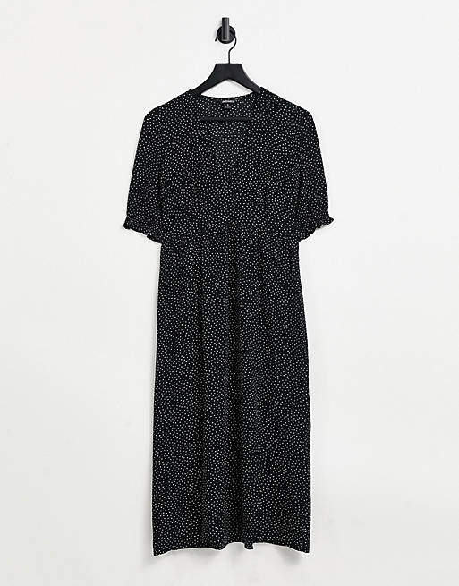 Women Monki Reese midi dress with slit front in black polka print 