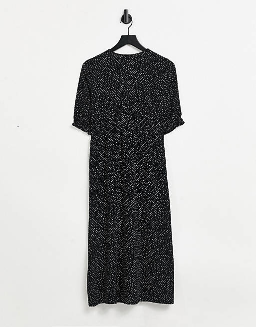 Women Monki Reese midi dress with slit front in black polka print 