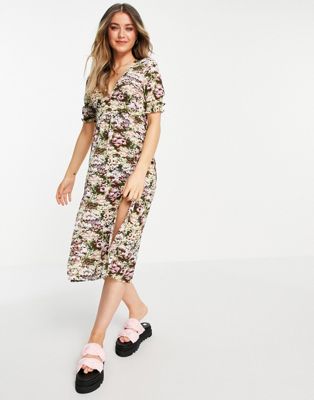 Monki Reese midi dress with slit front in meadow floral print - ASOS Price Checker