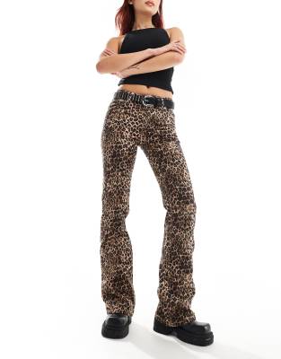 Monki Monki regular fit flare cotton trousers in brown leopard print