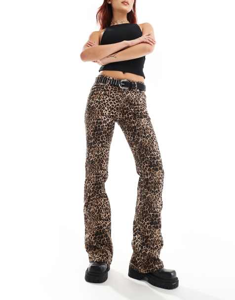 Monki regular fit flare cotton trousers in brown leopard print - view 1