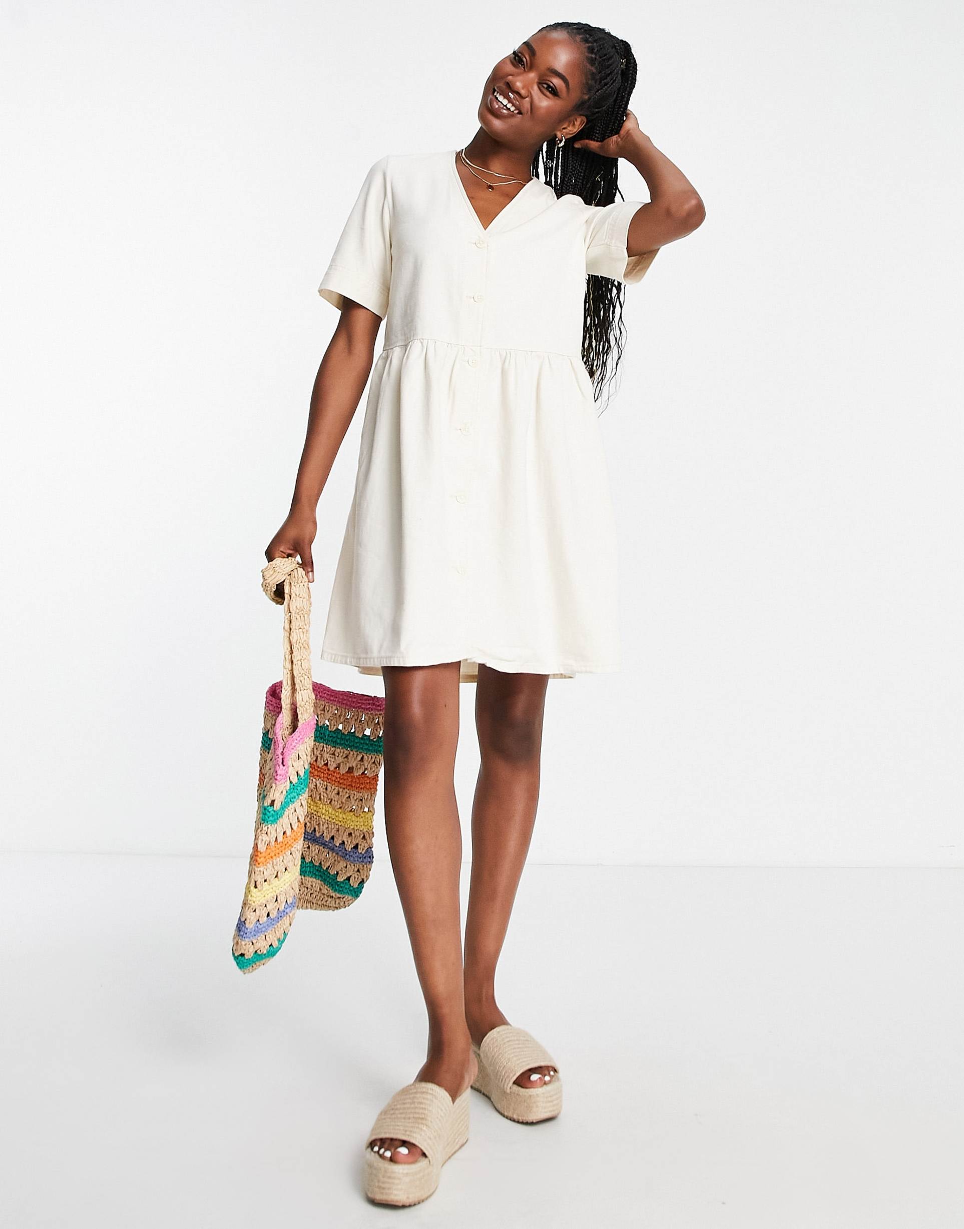 monki relaxed button up smock dress in ecru denim
