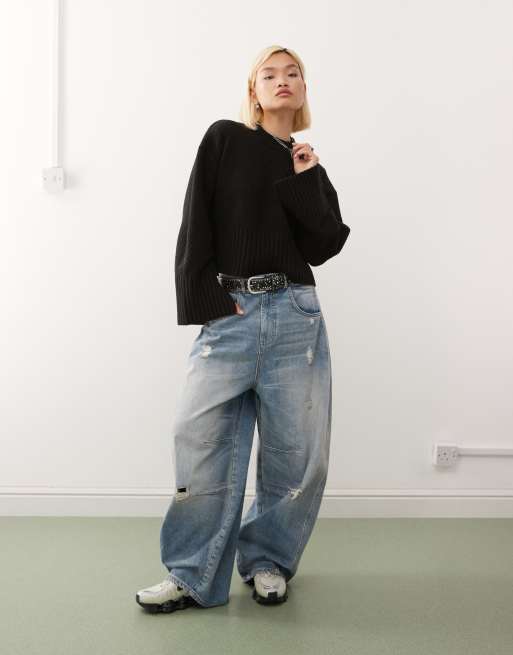 Monki relaxed crew neck sweater in black