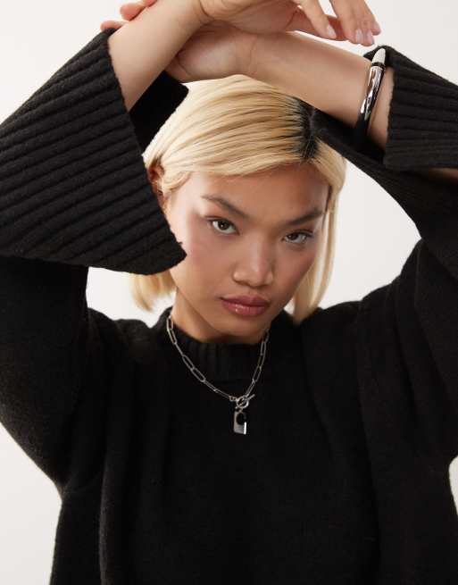 Monki relaxed crew neck sweater in black