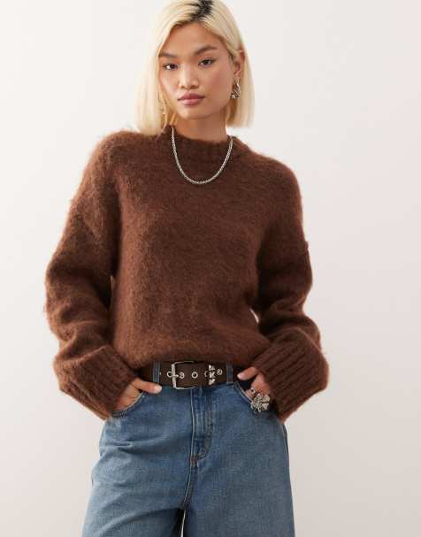 Monki relaxed crew neck jumper in chocolate brown - view 1