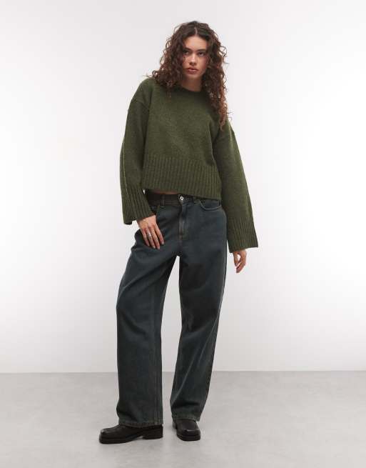 Monki relaxed crew neck jumper in khaki, 2 of 4