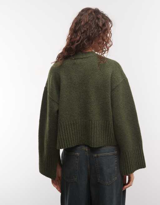 Monki relaxed crew neck jumper in khaki, 3 of 4