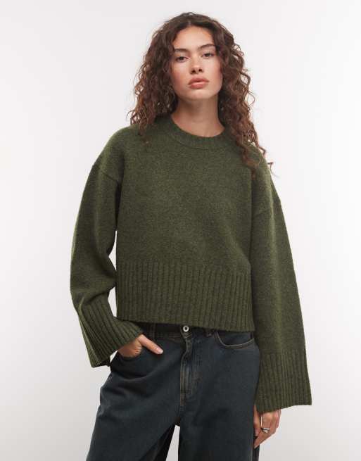 Monki relaxed crew neck jumper in khaki, 4 of 4