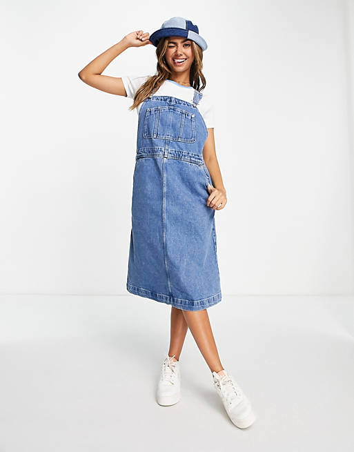 Monki relaxed dungaree midi dress in mid wash blue
