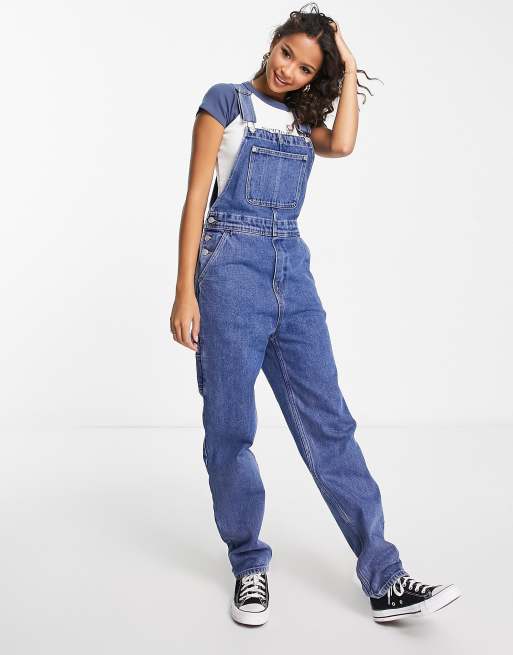 Monki relaxed dungarees with contrast detail in light wash denim