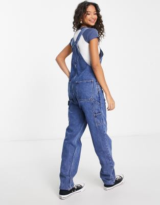 Monki relaxed dungaree midi dress in mid wash blue