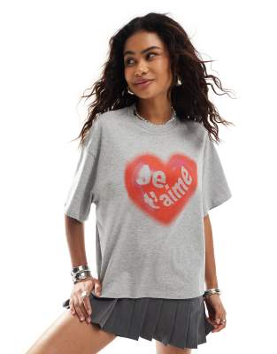 Monki relaxed fit t-shirt with love heart graphic print in grey melange