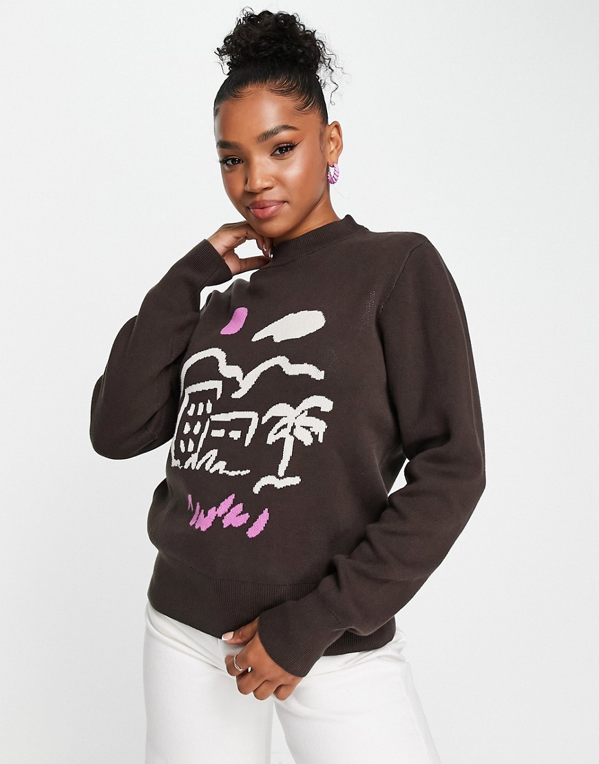 Monki relaxed jumper in brown countryside scenic knit