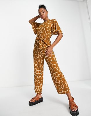 Monki relaxed jumpsuit with tie waist in giraffe print - ASOS Price Checker