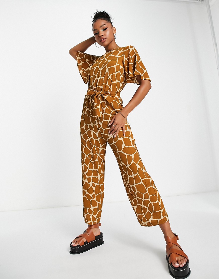 Monki relaxed jumpsuit with tie waist in giraffe print-Multi