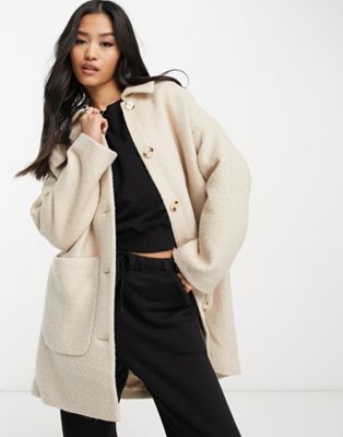 Monki relaxed longline coat with buttons in beige