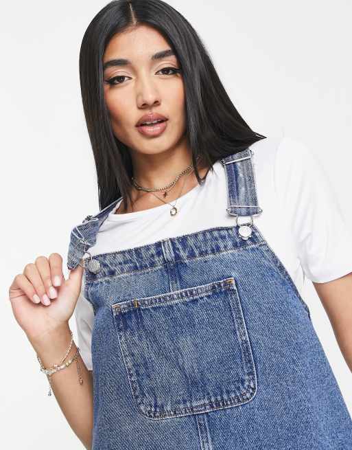 Monki dungaree midi denim dress in blue