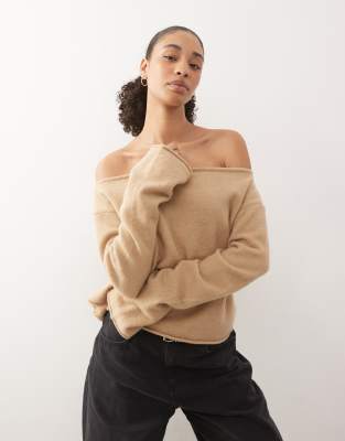 Monki Relaxed Off Shoulder Knit Sweater In Brown