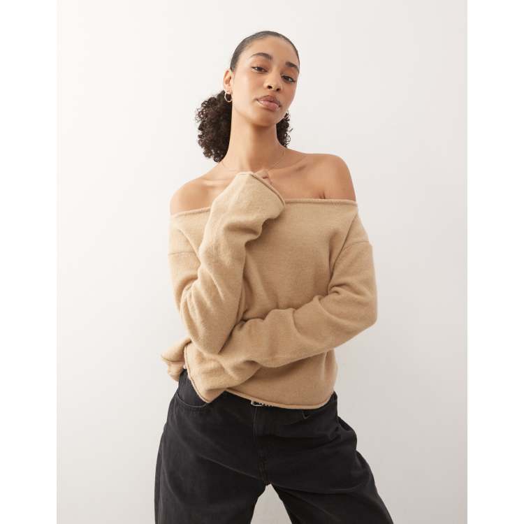 Monki relaxed off shoulder knit sweater in beige | ASOS