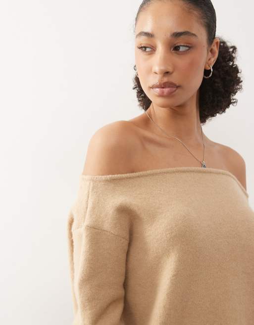 Monki relaxed off shoulder knitted jumper in beige, 4 of 4