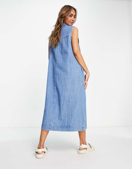 Monki dungaree midi denim dress in blue