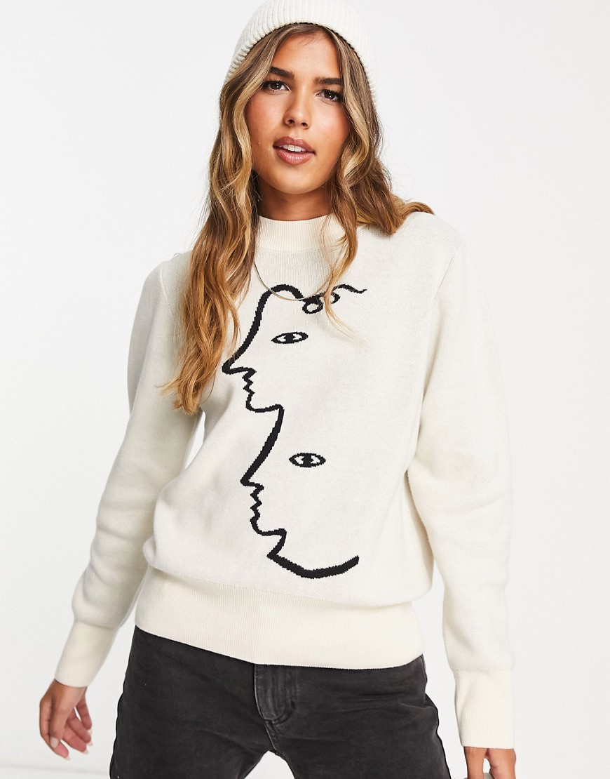Monki relaxed sweater in white abstract knit