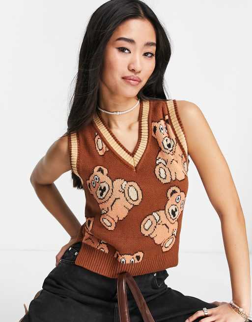 Monki relaxed sweater singlet with contrast tipping in all over bear knit