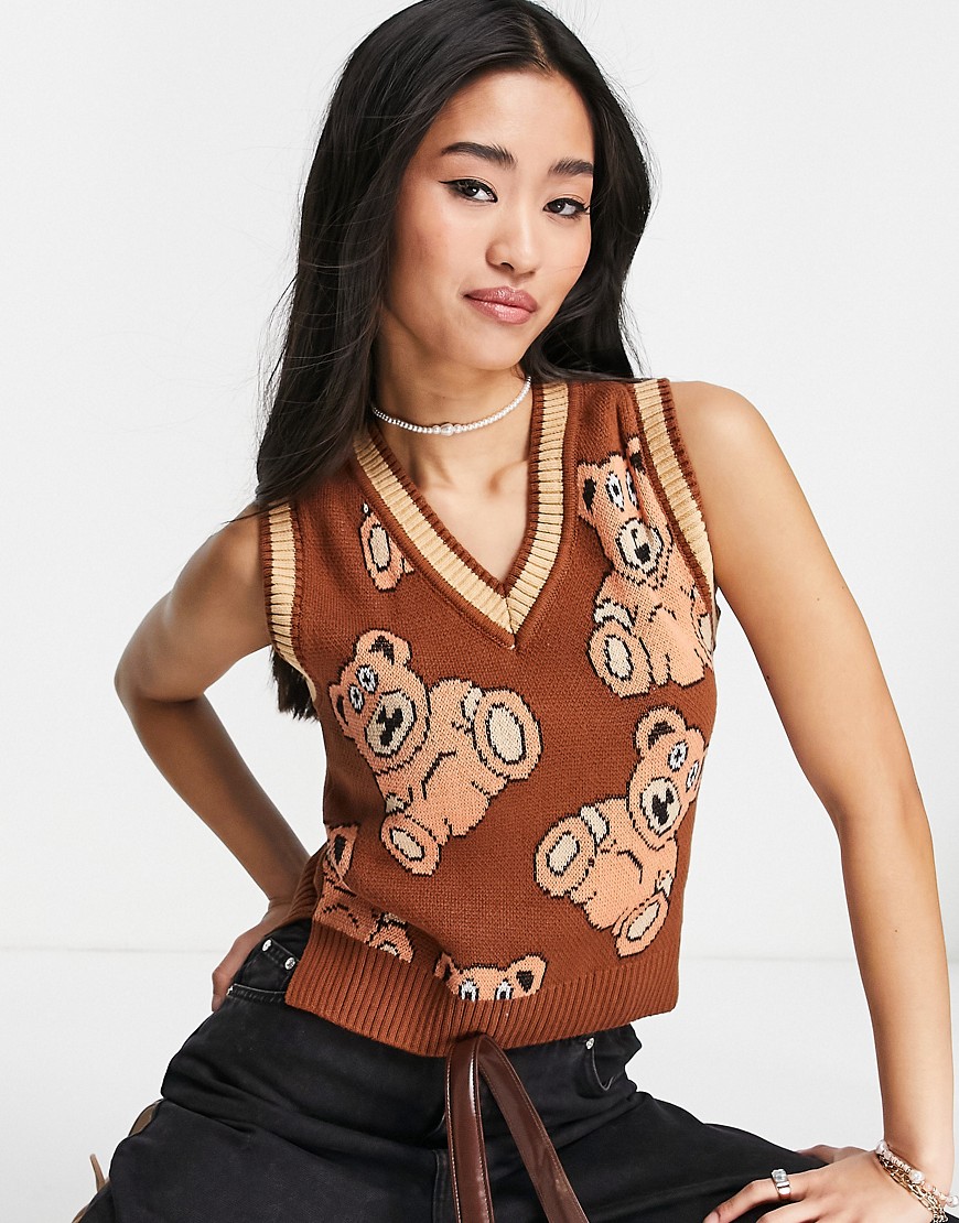 Monki relaxed sweater vest with contrast tipping in all over bear knit-Brown