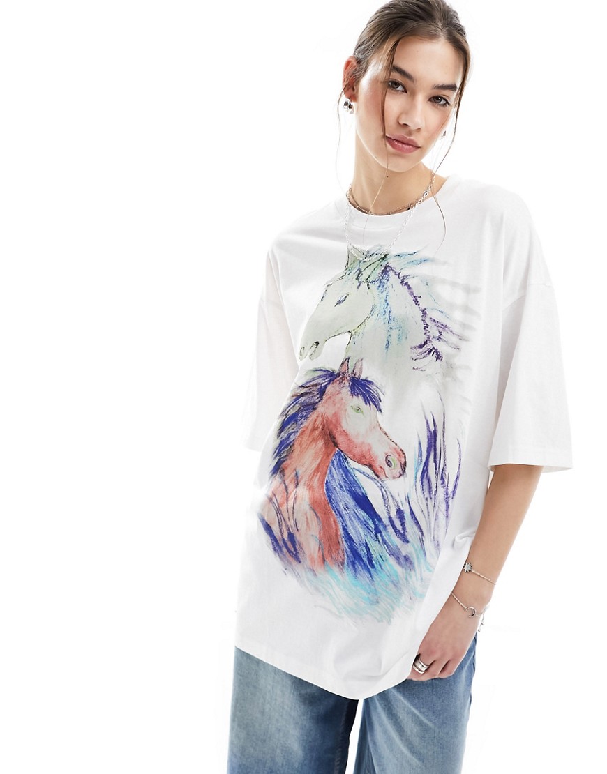 Monki relaxed t-shirt in white with horses front print-Multi