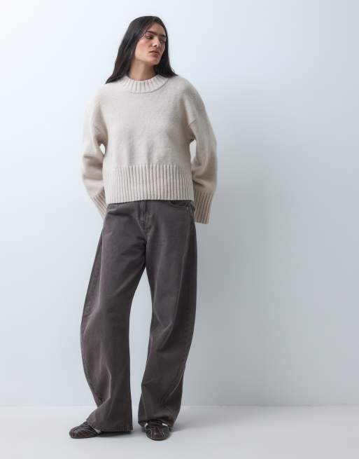 Monki relaxed trui met ronde hals in stone, 2 van 5