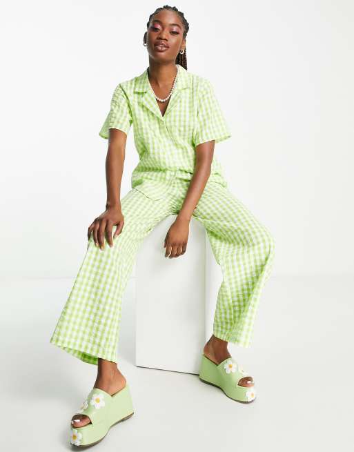 Monki revere collar shirt in green gingham - part of a set