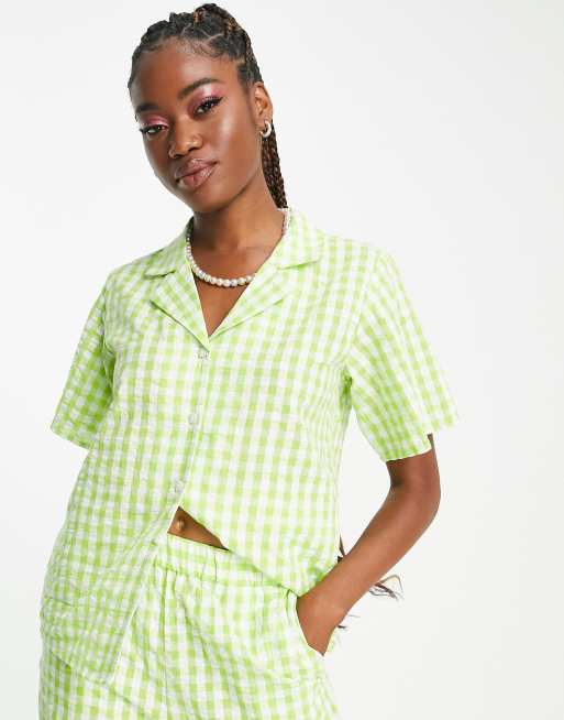 Monki revere collar shirt in green gingham (part of a set), 3 of 4