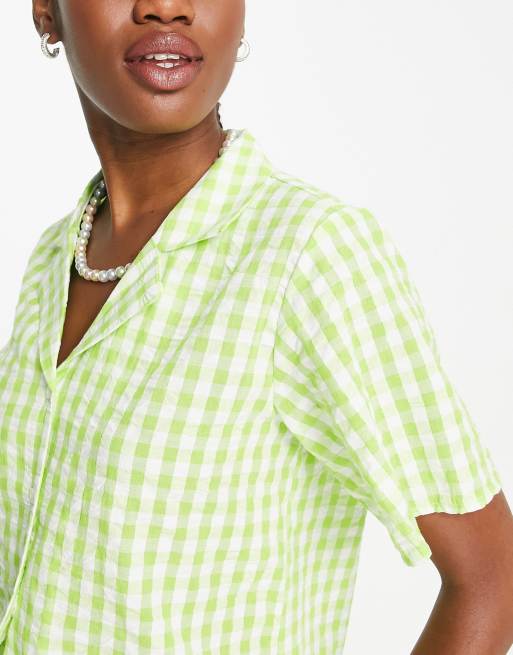 Monki revere collar shirt in green gingham (part of a set), 4 of 4