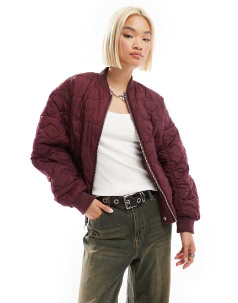 Monki reversible oversized bomber jacket in burgundy quilted star and pink - view 1