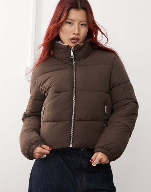 Monki reversible padded jacket in hairy brown check